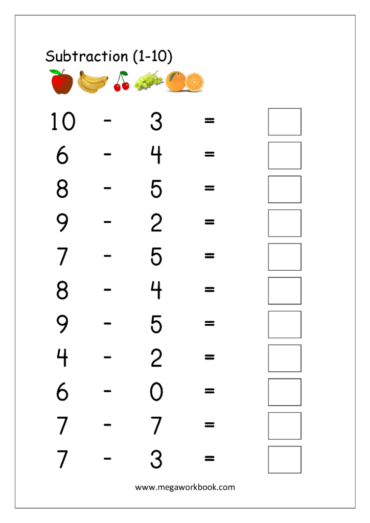 Free Printable Number Subtraction 1 10 Worksheets For Grade 1 And 