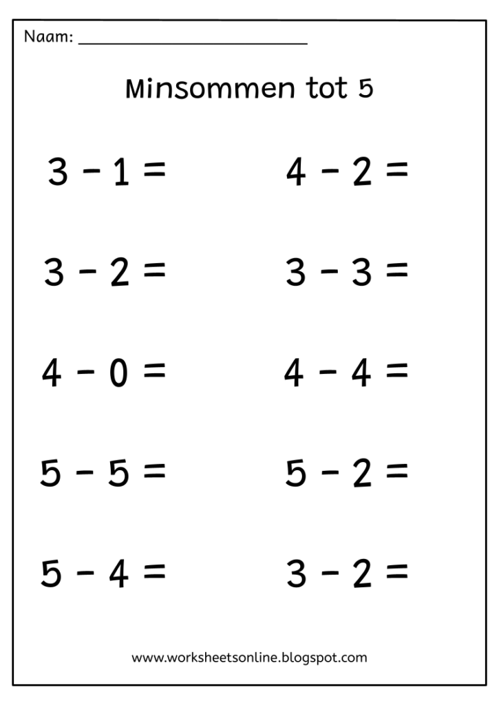 FREE Printable Worksheets Online Subtraction Within 5