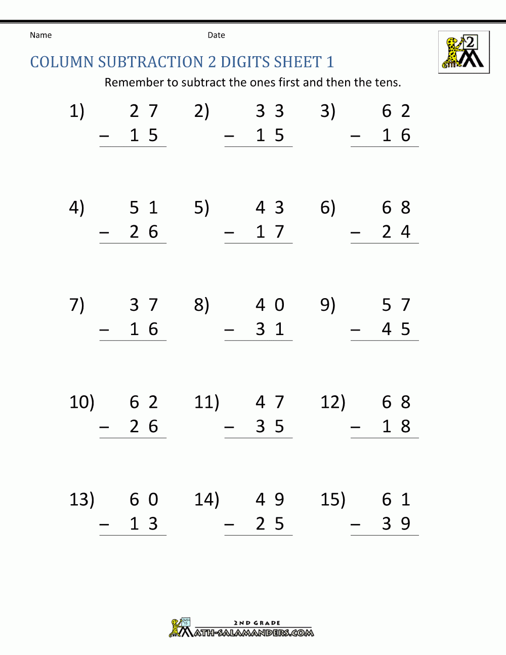 Free Second Grade Subtraction Worksheets Jon Jameson s English Worksheets