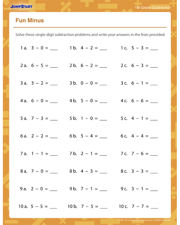 Fun Minus Worksheet Free Subtraction Worksheet For 1st Grade JumpStart