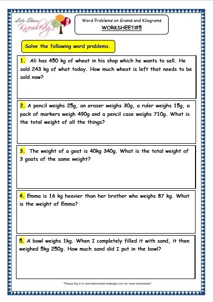 Grade 3 Maths Worksheets 12 7 Word Problems On Grams And Kilograms