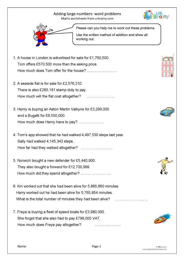 Grade 5 Math Worksheet Addition Adding Six Large Numbers K5 Learning 