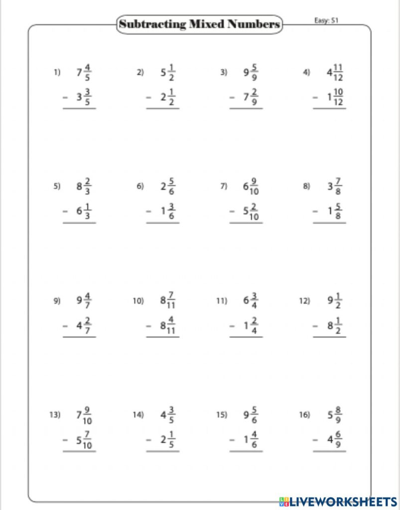 Grade 5 Math Worksheet Fractions Subtract Mixed Numbers Unlike 