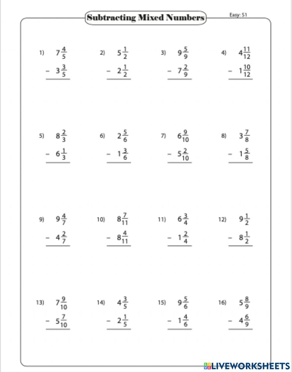 Grade 5 Math Worksheet Fractions Subtract Mixed Numbers Unlike 