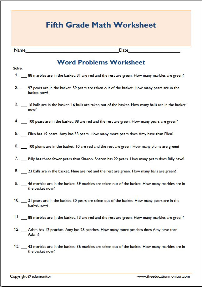 Grade 5 Subtraction Math Word Problems Pdf Archives EduMonitor