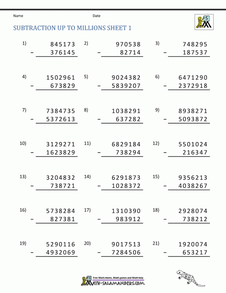 Grade 5 Subtraction Worksheet Subtracting Large Numbers K5 Learning 