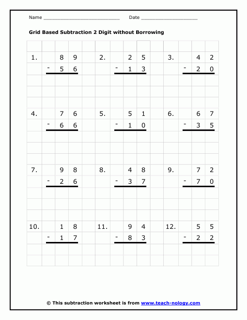 Grid Based Subtraction 2 Digit Without Borrowing Subtraction 