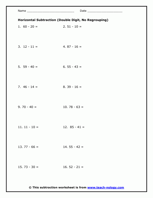 Horizontal Subtraction Double Digit No Regrouping Subtraction 