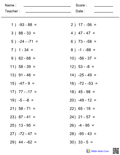 Horizontal Subtraction Worksheets