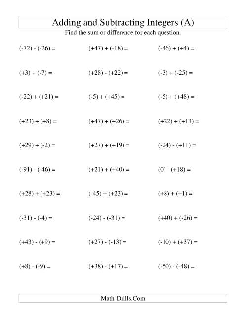 Integer Addition And Subtraction With Parentheses Around All Integers 