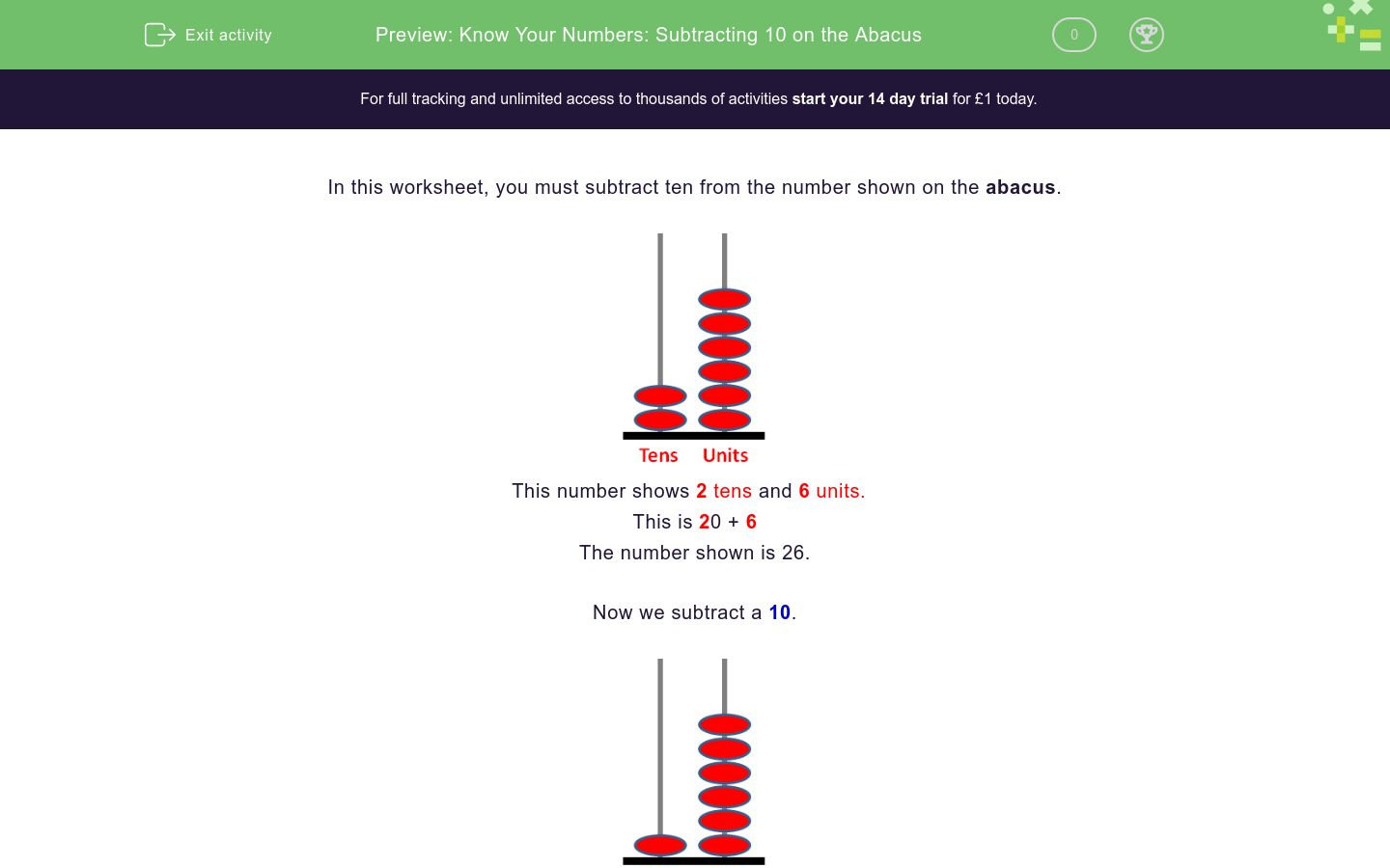 Know Your Numbers Subtracting 10 On The Abacus Worksheet EdPlace