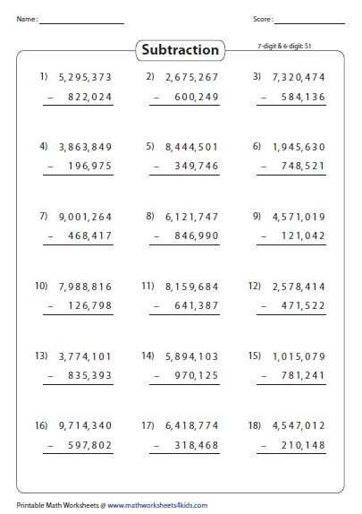 Large Numbers 6 digit Subtraction Subtraction Worksheets Math 