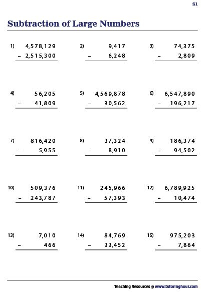 Large Numbers Subtraction Worksheets Math Subtraction Worksheets 