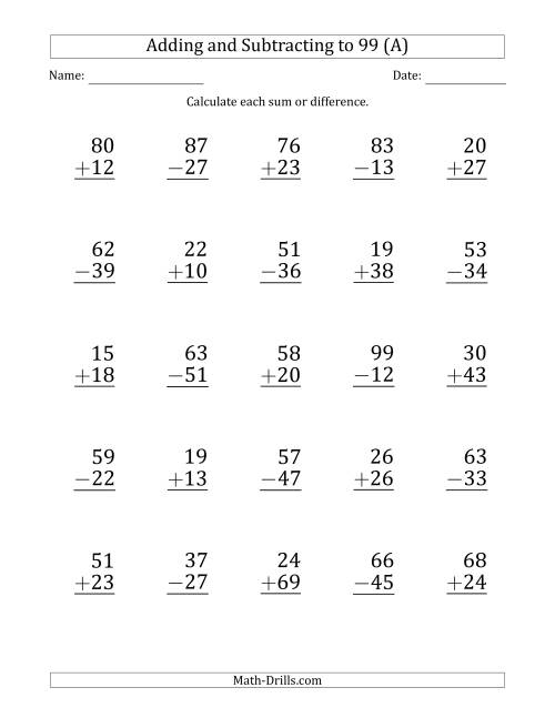 Large Print Adding And Subtracting 2 Digit Numbers With Sums And 