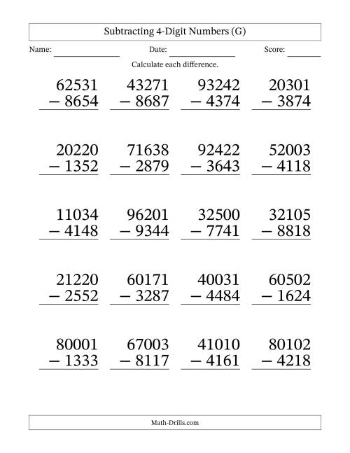 Large Print Subtracting 4 Digit Numbers With All Regrouping G 