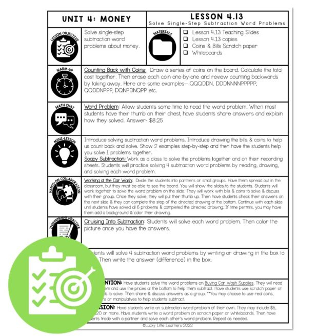 Lucky To Learn Math One Step Subtraction Money Word Problems Lesson 