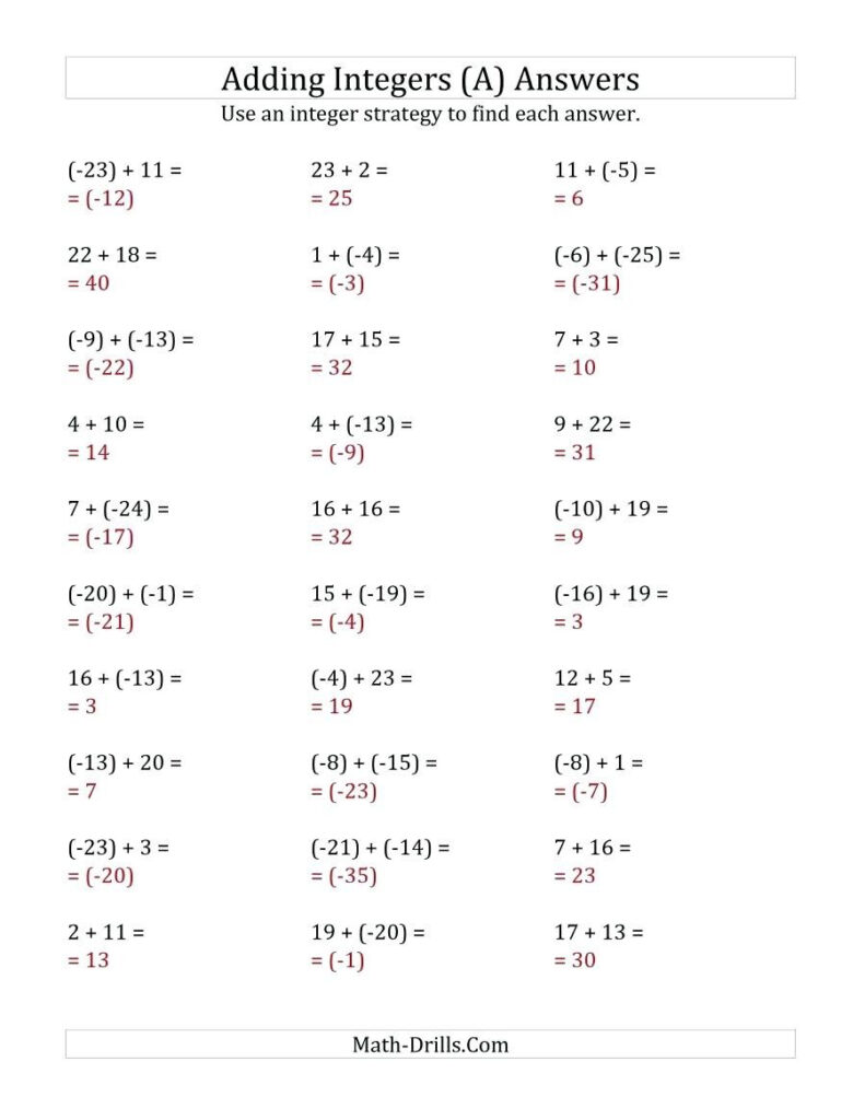 Math Worksheets Adding And Subtracting Integers Triply