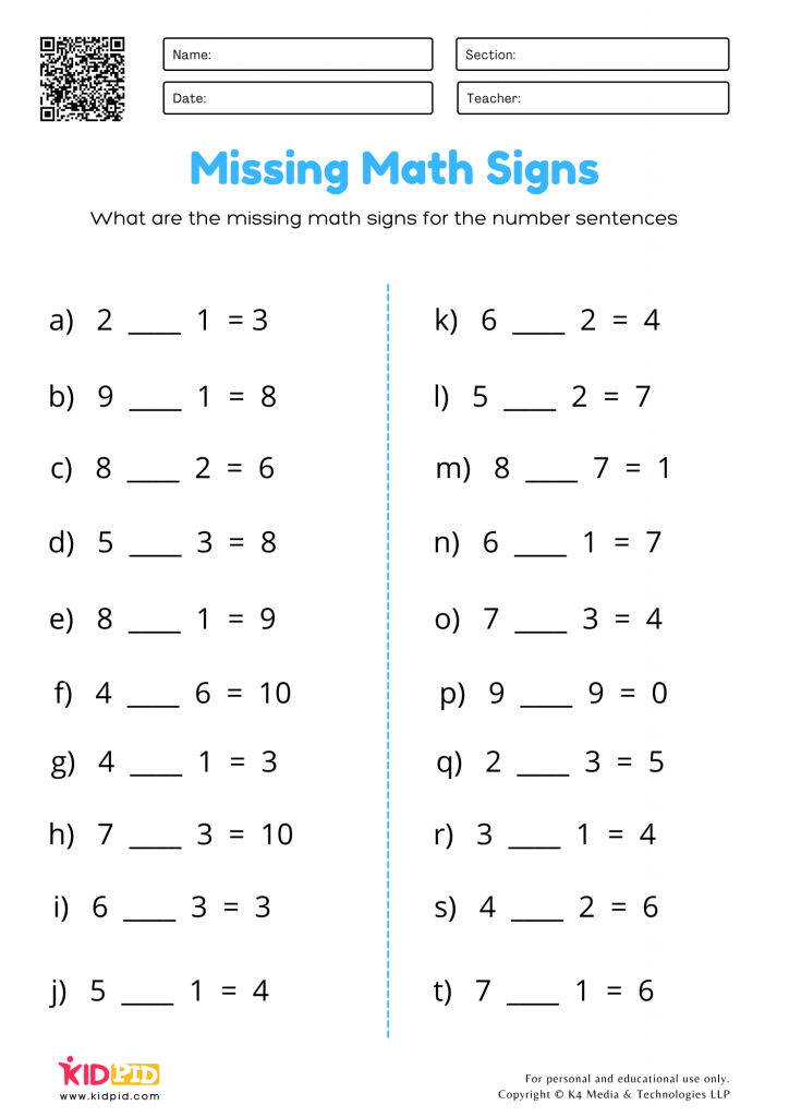 Missing Maths Signs Plus Or Minus Printable Worksheets For Grade 1 Kidpid