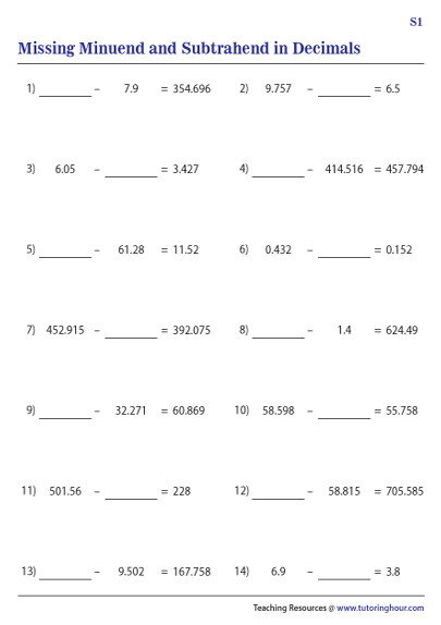 Missing Minuend And Subtrahend In Decimals Worksheets