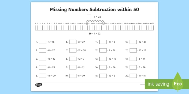 Missing Numbers Subtraction Within 50 Worksheet