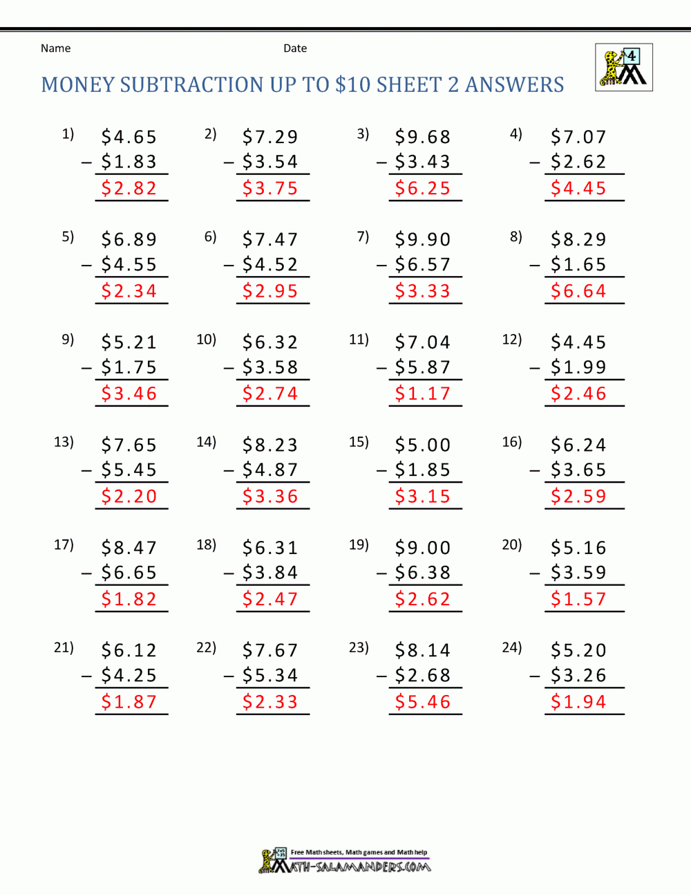 Money Subtraction Worksheet Page