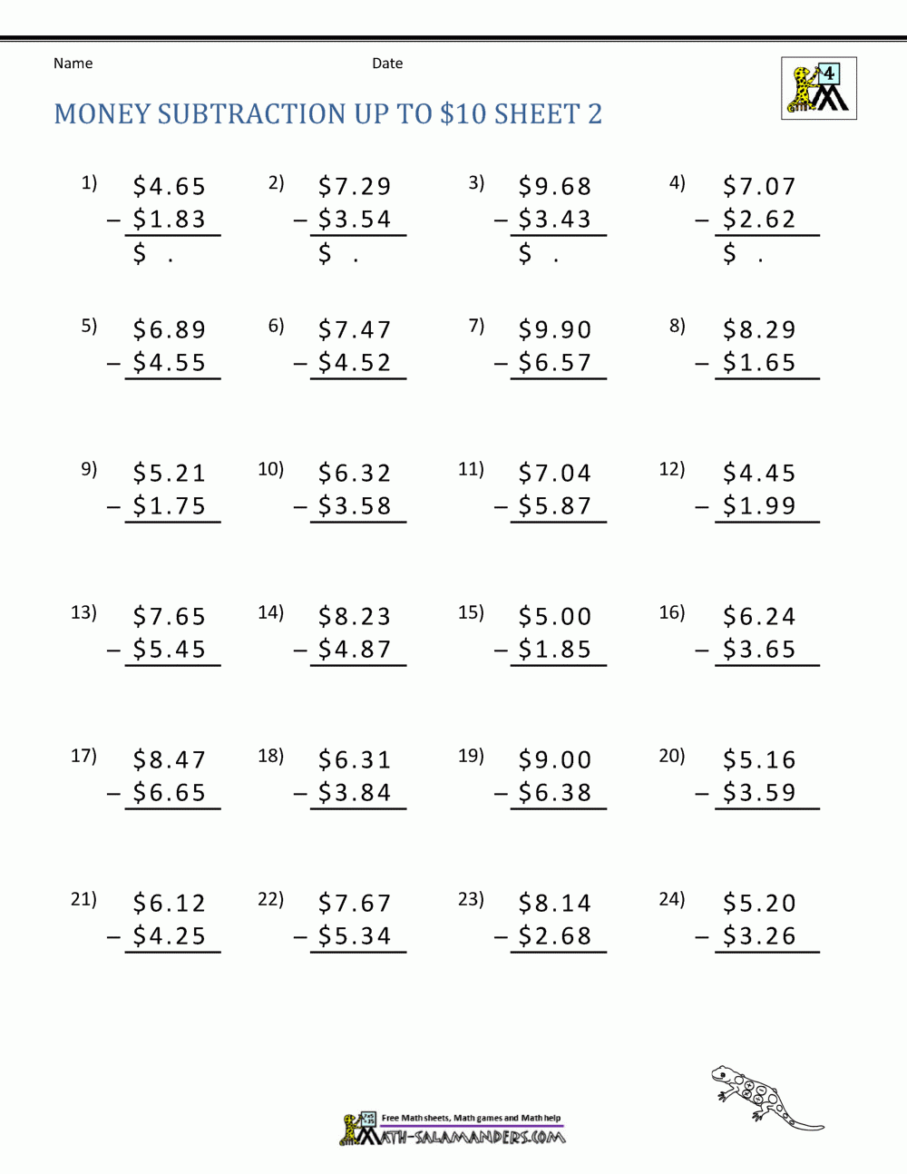 Money Subtraction Worksheet Page