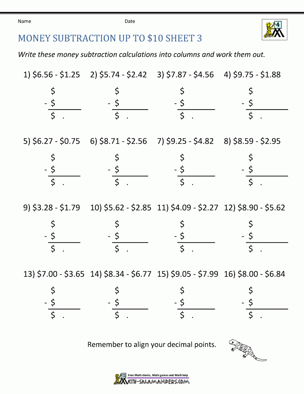 Money Subtraction Worksheet Page