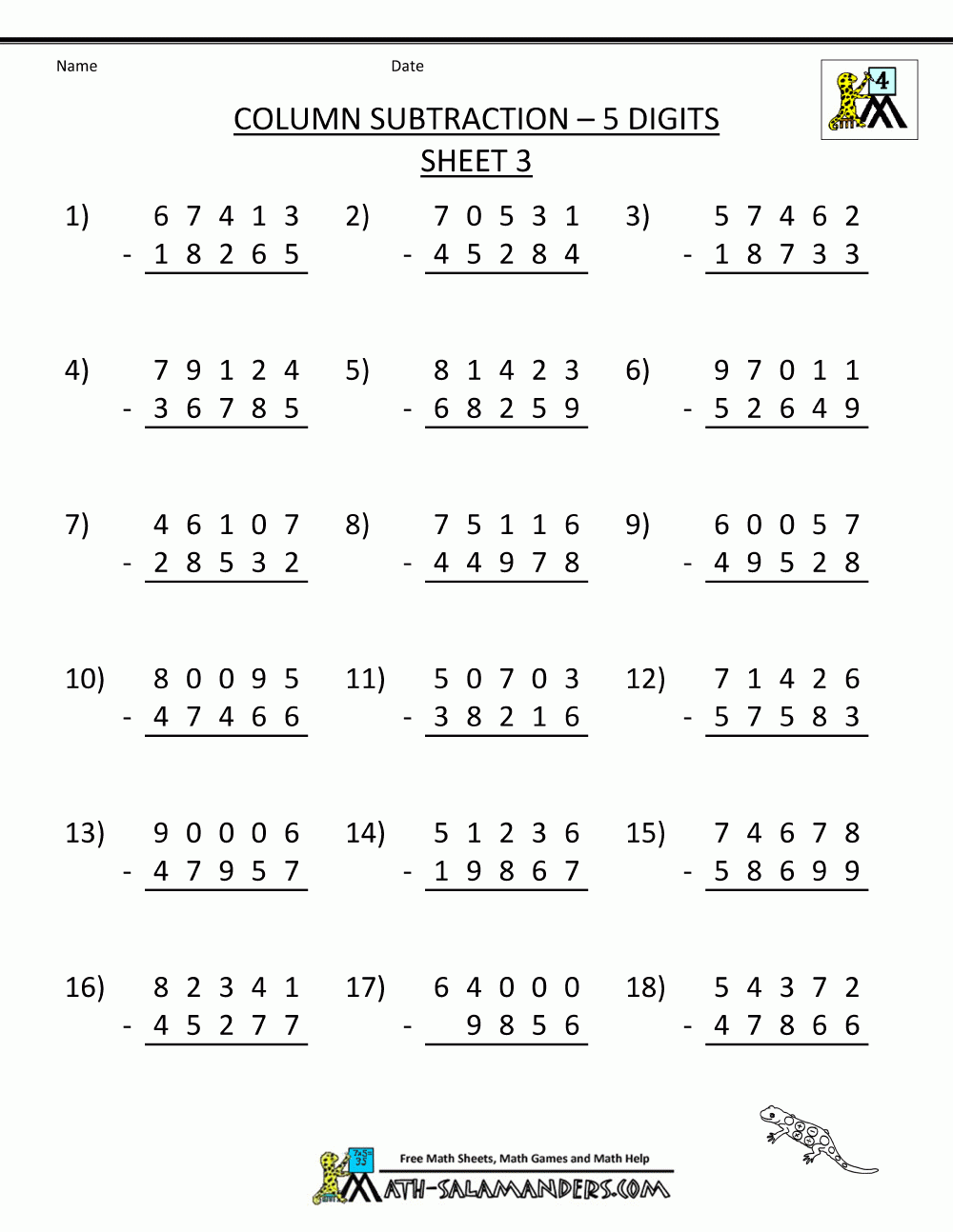 Multi digit Subtraction Worksheets