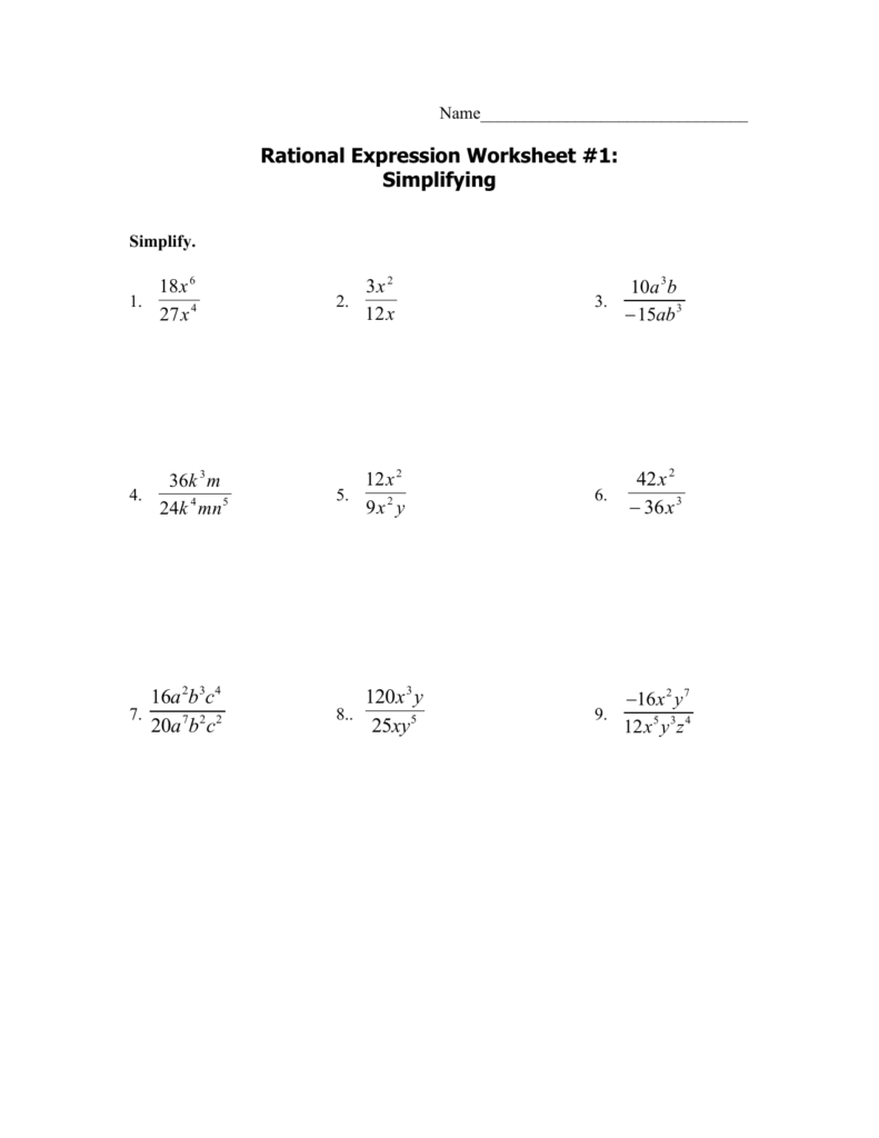 Multiplying Rational Expression Worksheet