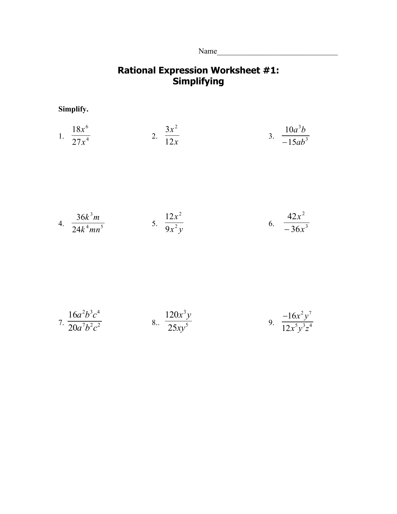 Multiplying Rational Expression Worksheet