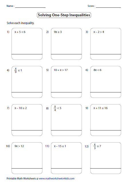 One Step Inequalities Worksheets