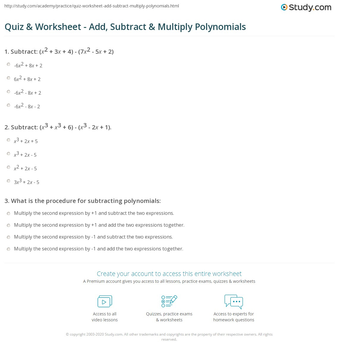 Quiz Worksheet Add Subtract Multiply Polynomials Study