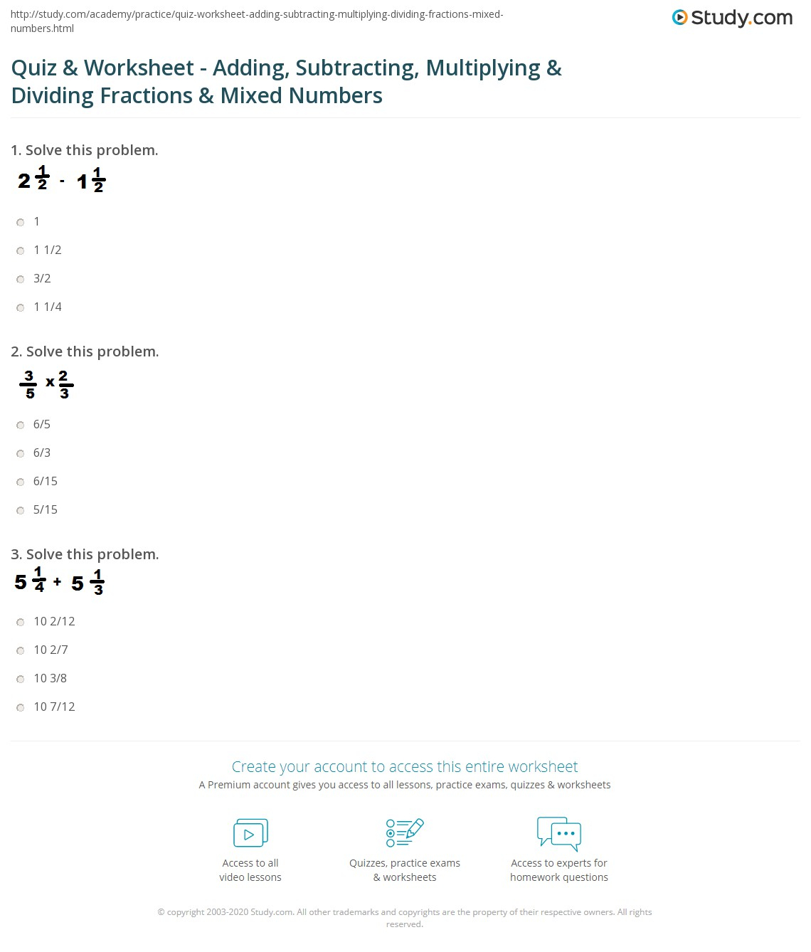 Quiz Worksheet Adding Subtracting Multiplying Dividing 