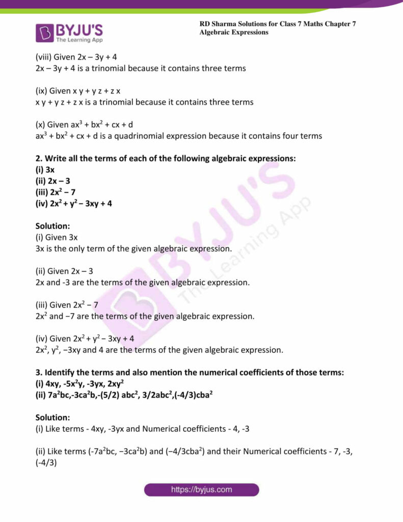 RD Sharma Solutions For Class 7 Maths Chapter 7 Algebraic Expressions