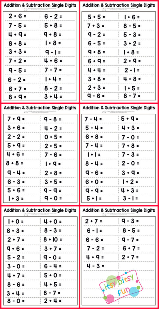 Single Digit Addition And Subtraction Worksheet Itsybitsyfun