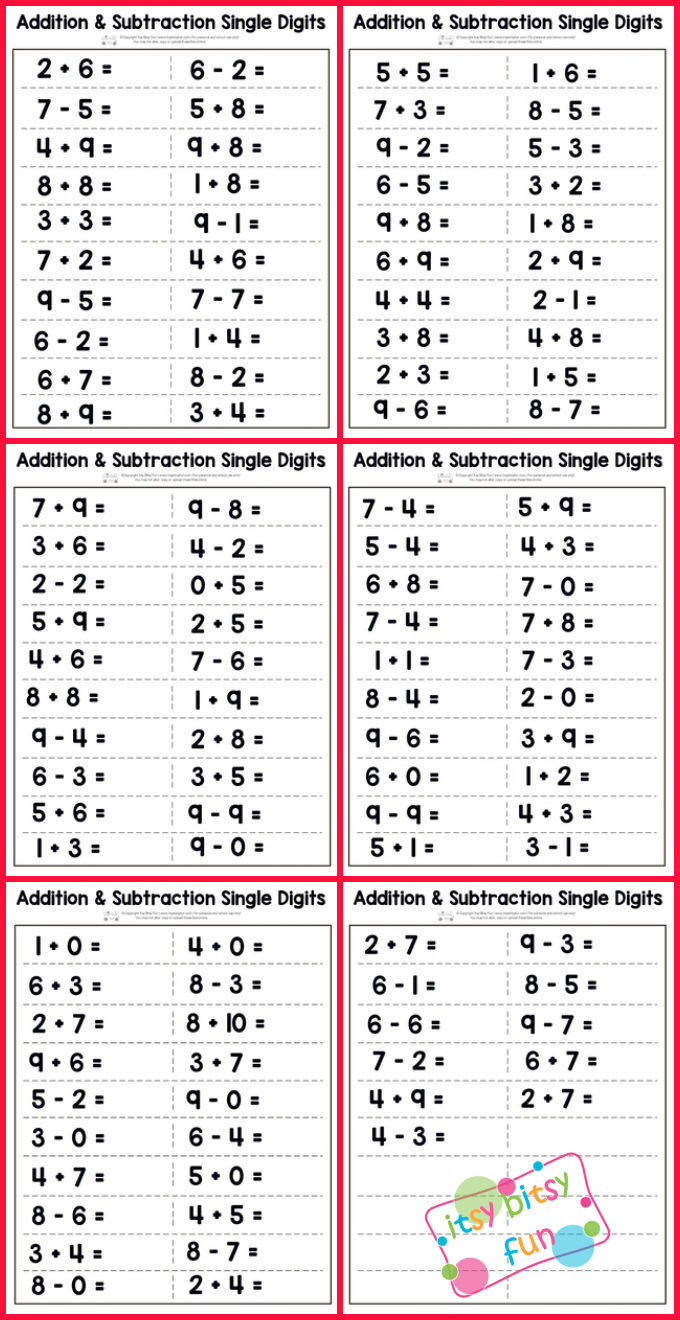 Single Digit Addition And Subtraction Worksheet Itsybitsyfun