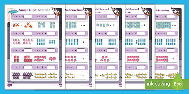 Single Digit Addition And Subtraction Worksheet With Picture