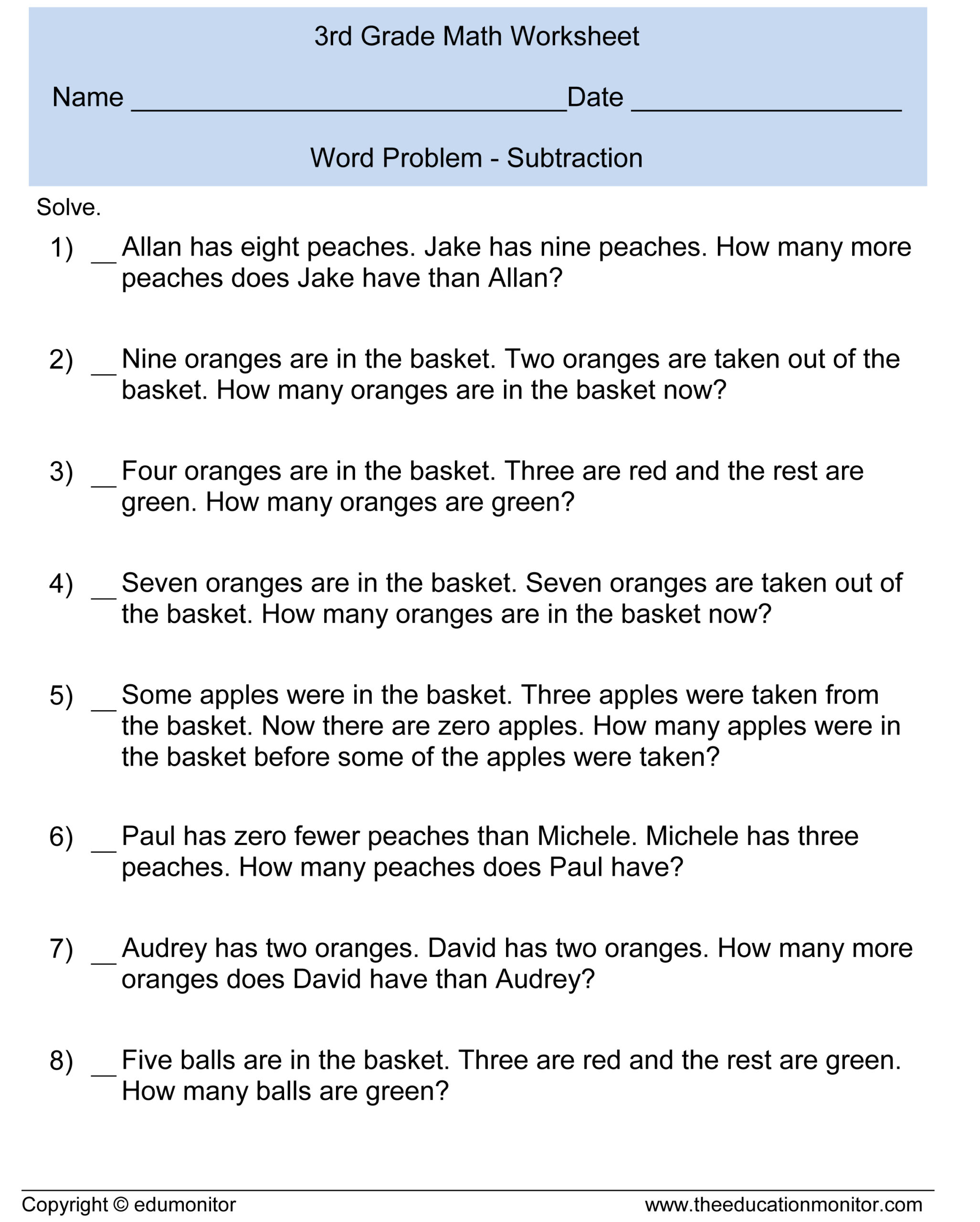 Single Digit Subtraction Word Problems For Third Graders