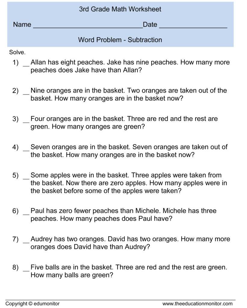 Single Digit Subtraction Word Problems For Third Graders