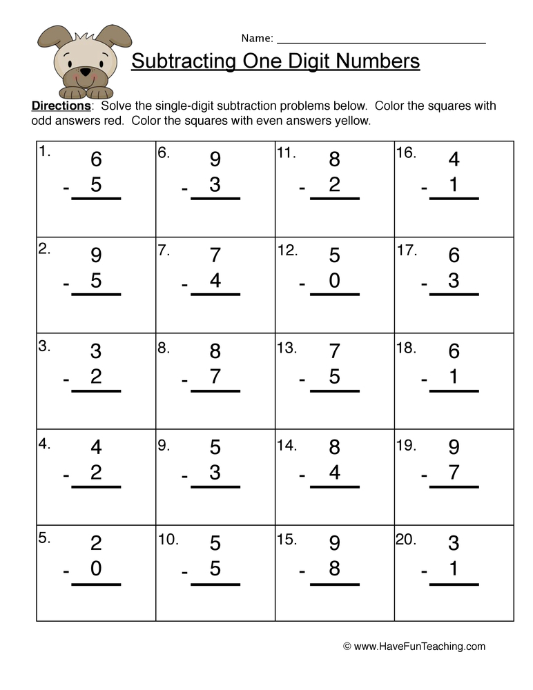 Single Digit Subtraction Worksheet Have Fun Teaching