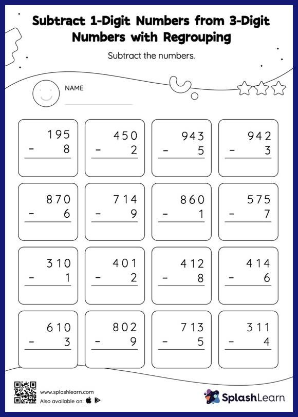 Subtract 1 Digit Numbers From 3 Digit Numbers With Regrouping Vertical 