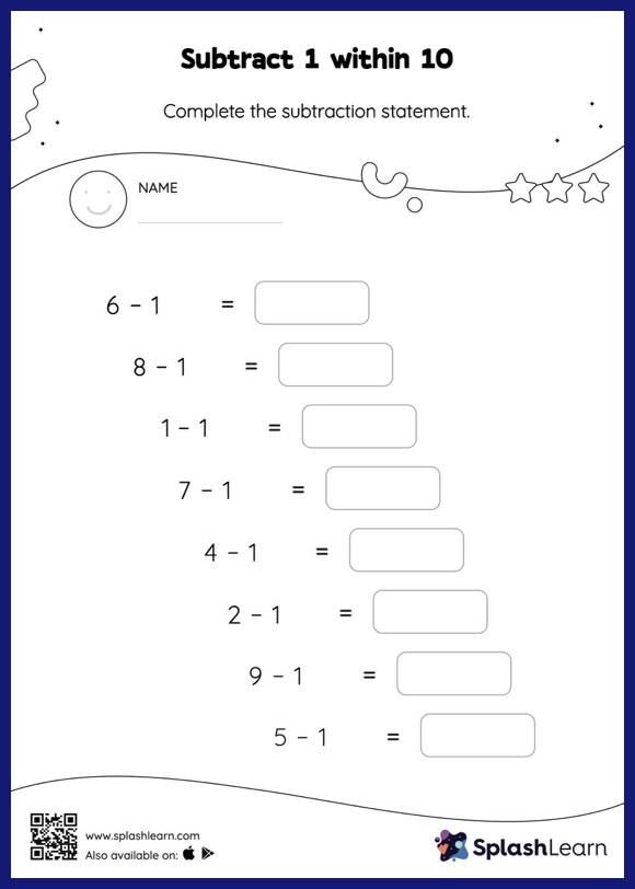 Subtract 1 Within 10 Horizontal Subtraction Math Worksheets 