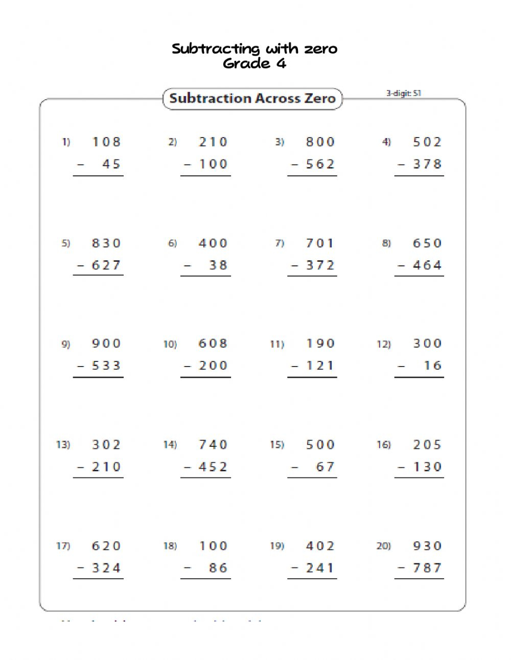 Subtract 3 Digit With Zero Grade 4 Worksheet