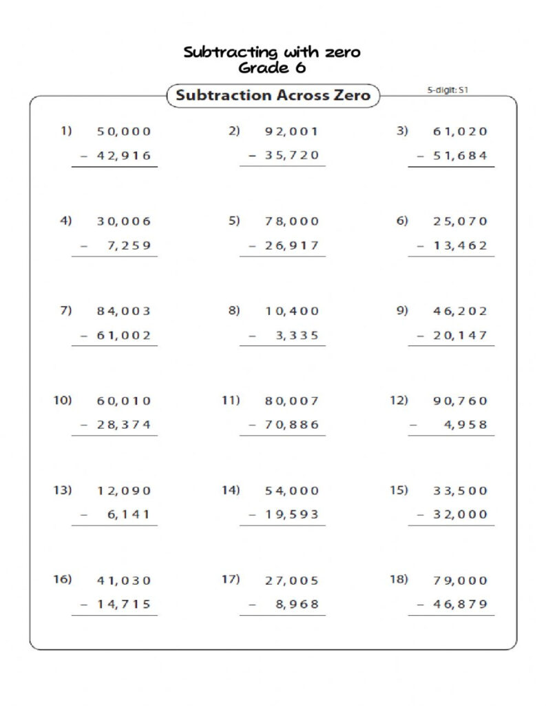 Subtract 5 Digit With Zero Grade 6 Worksheet