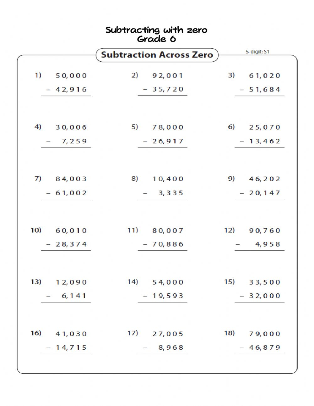 Subtract 5 Digit With Zero Grade 6 Worksheet