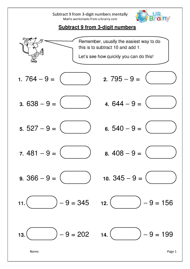 Subtract 9 From 3 digit Numbers Subtraction Maths Worksheets For Year