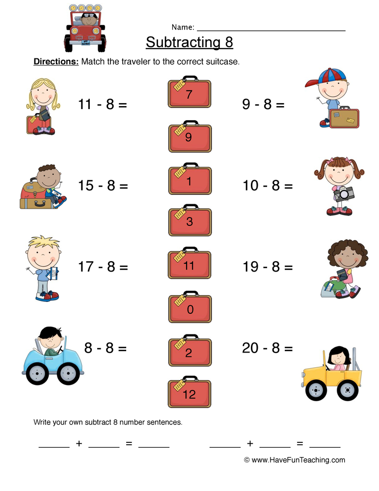 Subtract Eight Matching Worksheet Have Fun Teaching