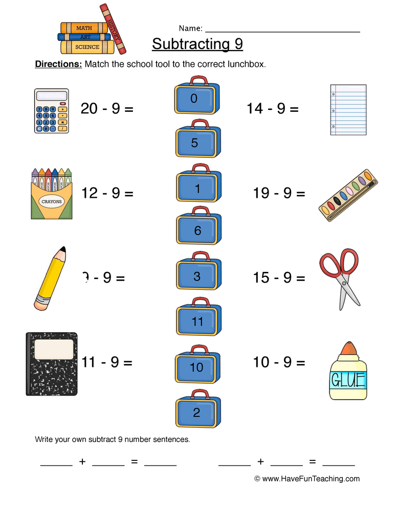 Subtract Nine Matching Worksheet Have Fun Teaching