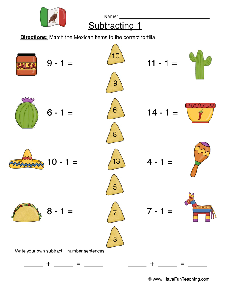 Subtract One Matching Worksheet Have Fun Teaching