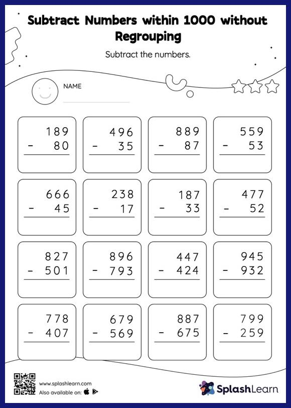 Subtract Within 1000 Without Regrouping Worksheets For 3rd Graders 